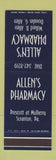 Matchbook Cover - Allen's Drug Scranton PA Pharmacy SAMPLE
