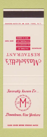 Matchbook Cover - Massoletti's Restaurant New York City SAMPLE