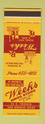 Matchbook Cover - Weeks Drug Store Russell Seitz San Angelo TX SAMPLE