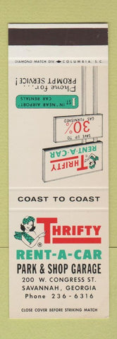 Matchbook Cover - Thrifty Car Rental Savannah GA girlie SAMPLE
