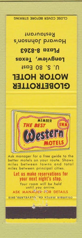 Matchbook Cover Globetrotter Motor Hotel Best Western Longview TX Howard Johnson