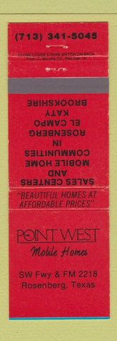 Matchbook Cover - Point West Mobile Homes Rosenberg El Campo Katy TX RED