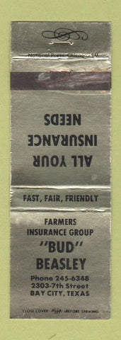 Matchbook Cover - Bud Beasley Farmers Insurance Bay City TX GOLD WEAR