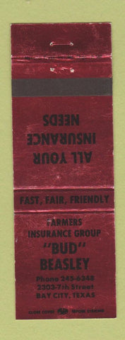 Matchbook Cover - Bud Beasley Farmers Insurance Bay City TX BRONZE