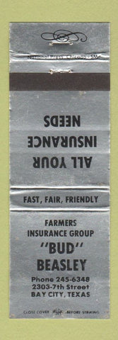 Matchbook Cover - Bud Beasley Farmers Insurance Bay City TX SILVER