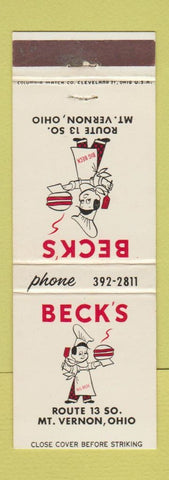 Matchbook Cover - Beck's Restaurant Mount Vernon OH hamburgers