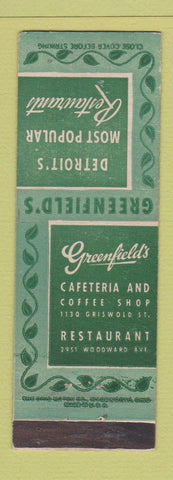 Matchbook Cover - Greenfield's Cafeteria Restaurant Detroit MI