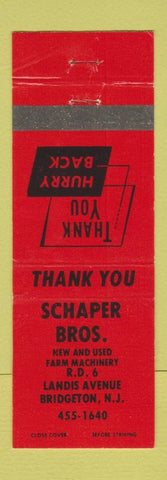 Matchbook Cover - Schaper Bros New Used Tractors Bridgeton NJ RED