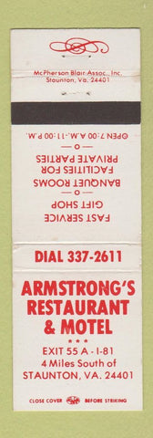Matchbook Cover - Armstrong's Restaurant Motel Staunton VA