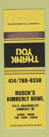 Matchbook Cover - Rusch's Kimberly Bowling WI YELLOW WEAR