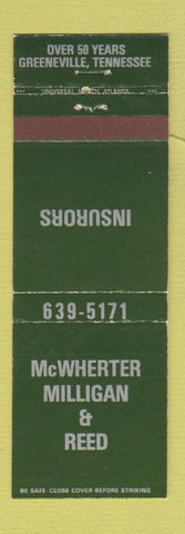 Matchbook Cover - McWherter Milligan & Reed Insurance Greeneville TN