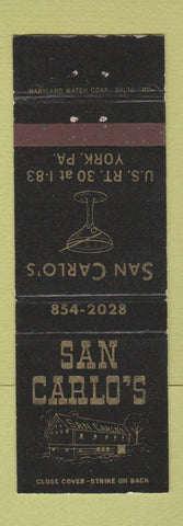 Matchbook Cover - San Carlo's Restaurant York PA