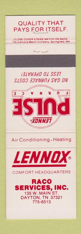 Matchbook Cover - Lennox Heating Air Conditioning Dayton TN