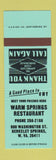 Matchbook Cover - Warm Springs Restaurant Berkeley Springs WV TEAL