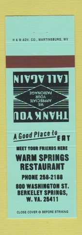 Matchbook Cover - Warm Springs Restaurant Berkeley Springs WV TEAL