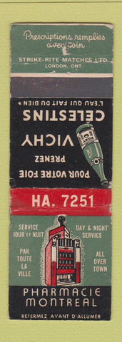 Matchbook Cover - Pharmacy Montreal QC Vichy Celestins Water WORN