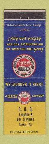 Matchbook Cover - COD Laundry Dry Cleaning low phone # WEAR