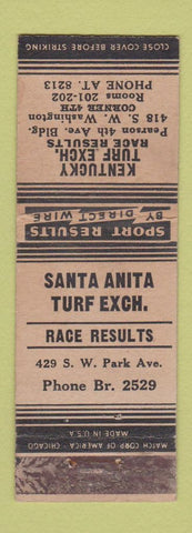Matchbook Cover Kentucky Turf Exchange Santa Ana Turf Horse Racing gambling WORN
