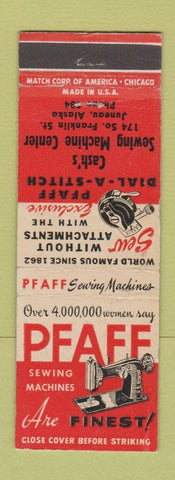 Matchbook Cover - Pfaff Sewing Machines Cash's Juneau AK