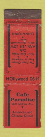 Matchbook Cover - Cafe Paradise Los Angeles CA Chinese WEAR