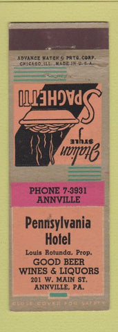 Matchbook Cover - Pennsylvania Hotel Annville PA ADVANCE spaghetti