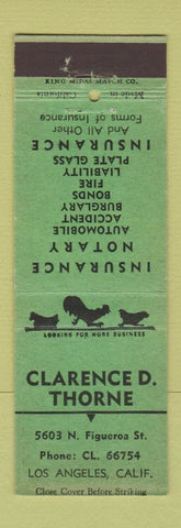 Matchbook Cover - Clarence Thorn Insurance Los Angeles CA KING MIDAS