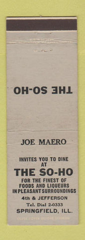 Matchbook Cover - The So Ho Restaurant Springfield IL Joe Maero