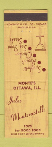 Matchbook Cover - Jules Monterastelli Restaurant Monte's Ottawa IL