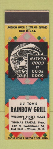 Matchbook Cover - Lil Tom's Rainbow Grill Wilson NC Thomas Zrakas