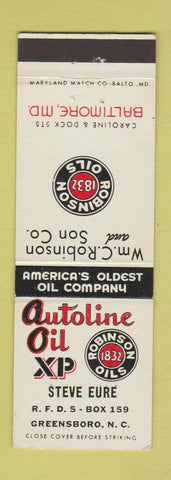 Matchbook Cover - Robinson Oils Autoline Oil XP gas Greensboro NC Baltimore MD