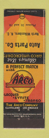 Matchbook Cover - Arco Lacquer Synite Auto Parts North Wilkesboro NC low phone #
