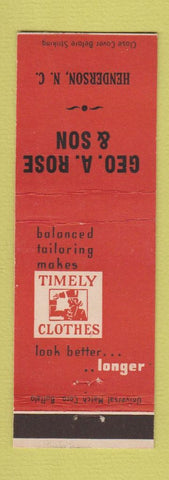 Matchbook Cover - Timely Men's Clothes Geo Rose Henderson NC