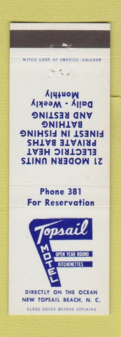 Matchbook Cover - Topsail Motel New Topsail Beach NC low phone #