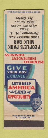 Matchbook Cover - Peoples Park Milk Bar Paterson NJ