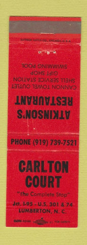 Matchbook Cover - Carlton Court Atkinson's Restaurant Shell oil gas Lumberton NC