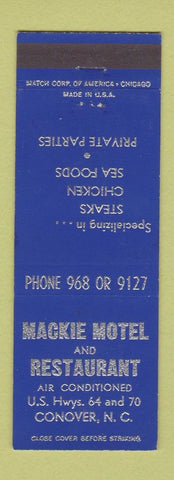 Matchbook Cover - Mackie Motel Restaurant Conover NC low phone #