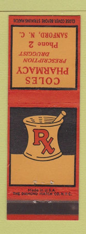 Matchbook Cover - Coles Drug Store Sanford NC low phone # WEAR