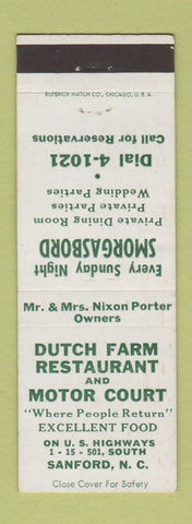 Matchbook Cover - Dutch Farm Restaurant Motor Court Sanford NC