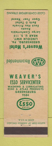 Matchbook Cover - Esso oil gas Weaver's Motel Greensburg PA