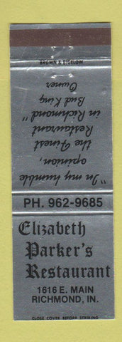 Matchbook Cover - Elizabeth Parker's Restaurant Richmond IN