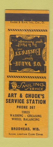 Matchbook Cover - Art & Chuck's Service Station oil gas Brodhead WI low phone #