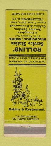 Matchbook Cover - Rollins' Service oil gas Macwahoc ME