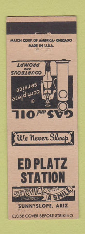 Matchbook Cover - Ed Platz Station oil gas Sunnyslope AZ