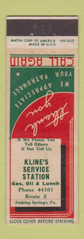 Matchbook Cover - Kline's Service Station oil gas Sinking Springs PA