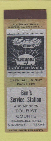 Matchbook Cover - Ben's Service Station oil gas Motel Giddings TX low phone #