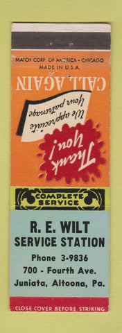 Matchbook Cover - RE Wilt Service Station oil gas Juniata Altoona PA