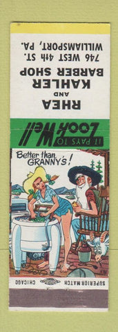 Matchbook Cover - Rhea and Kahler Barber Shop Williamsport PA Hillbilly