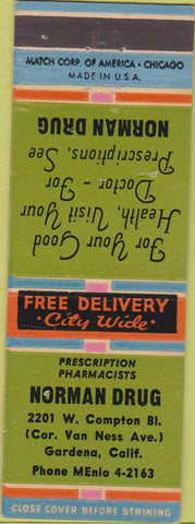 Matchbook Cover - Norman Drug Gardena CA
