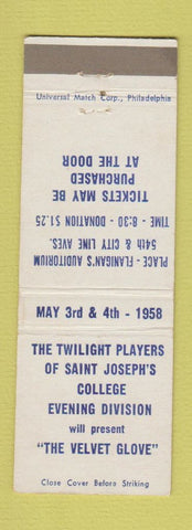 Matchbook Cover Flanigan's Auditorium St Joseph's College Play Velvet Glove 1958