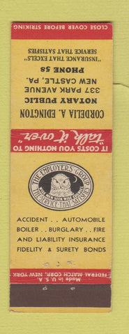 Matchbook Cover Cordelia Edington Insurance Notary Public New Castle PA Federal